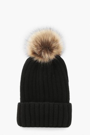 Ribbed Knit Beanie With Large Faux Fur Pom