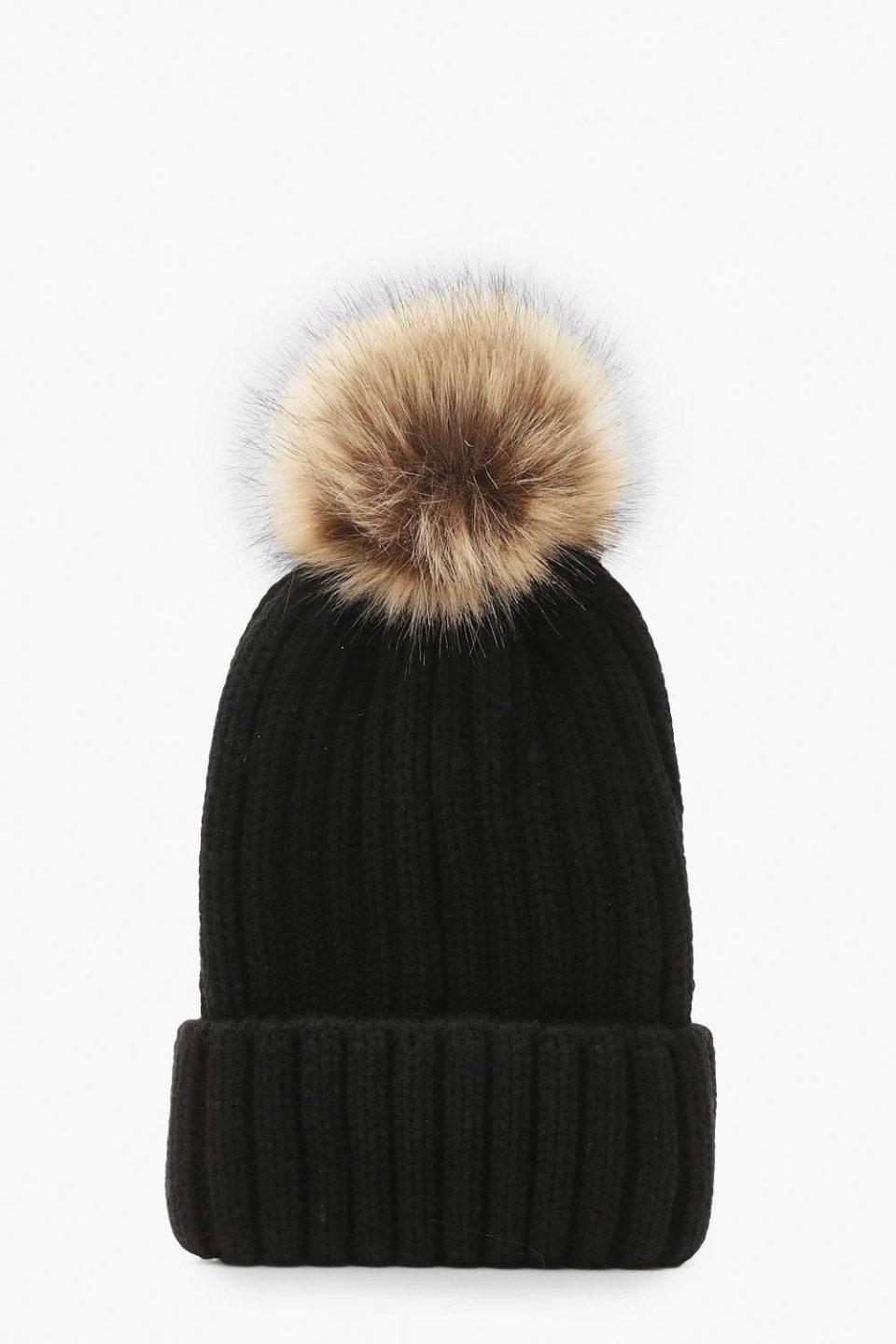 Ribbed Knit Beanie With Large Faux Fur Pom