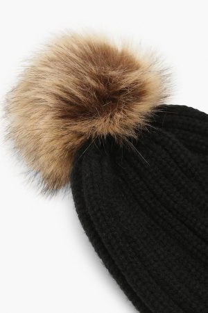 Ribbed Knit Beanie With Large Faux Fur Pom
