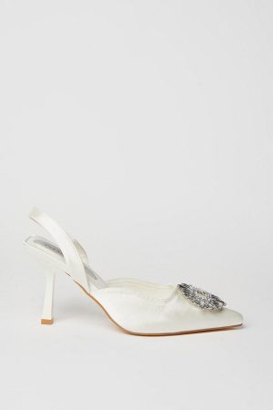 Bridal Samia Satin Jewelled Brooch Detail Slingback High Heel Court Shoes