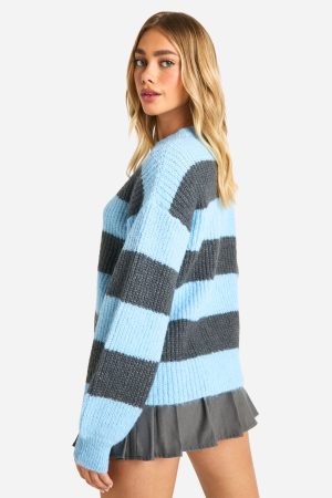 Knitted Oversized Crew Neck Stripe Jumper