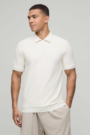 Slim Fit Zip Collar Textured Stripe Short Sleeve Polo