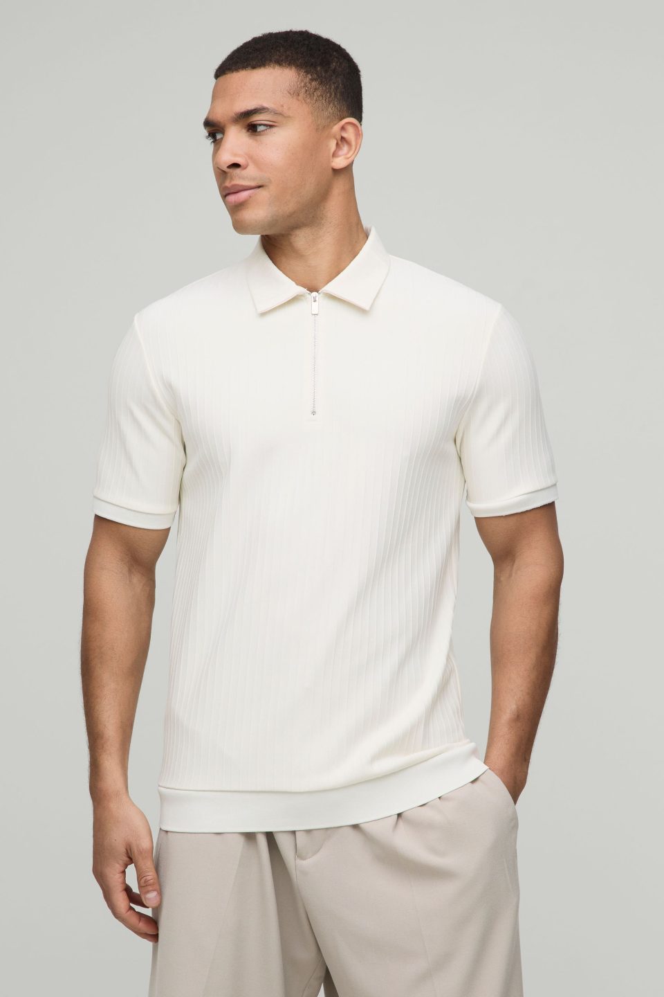 Slim Fit Zip Collar Textured Stripe Short Sleeve Polo