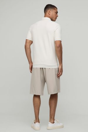 Slim Fit Zip Collar Textured Stripe Short Sleeve Polo
