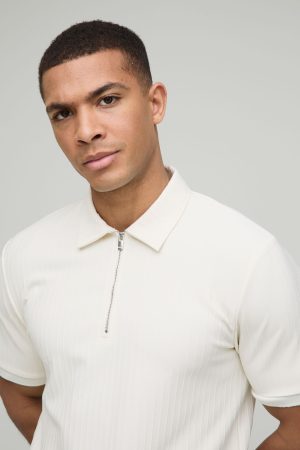 Slim Fit Zip Collar Textured Stripe Short Sleeve Polo