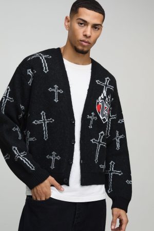 Oversized Boxy Cross Graphic Brushed Knitted Cardigan