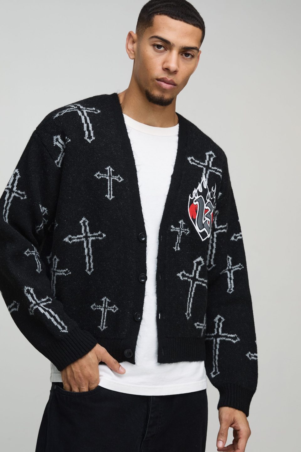 Oversized Boxy Cross Graphic Brushed Knitted Cardigan
