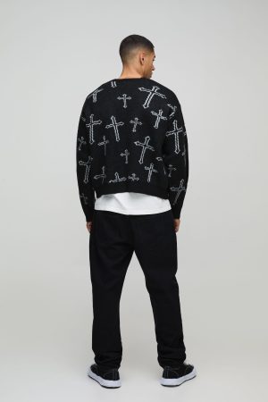 Oversized Boxy Cross Graphic Brushed Knitted Cardigan