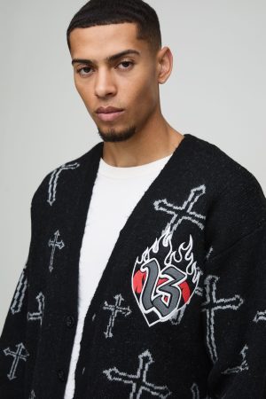 Oversized Boxy Cross Graphic Brushed Knitted Cardigan