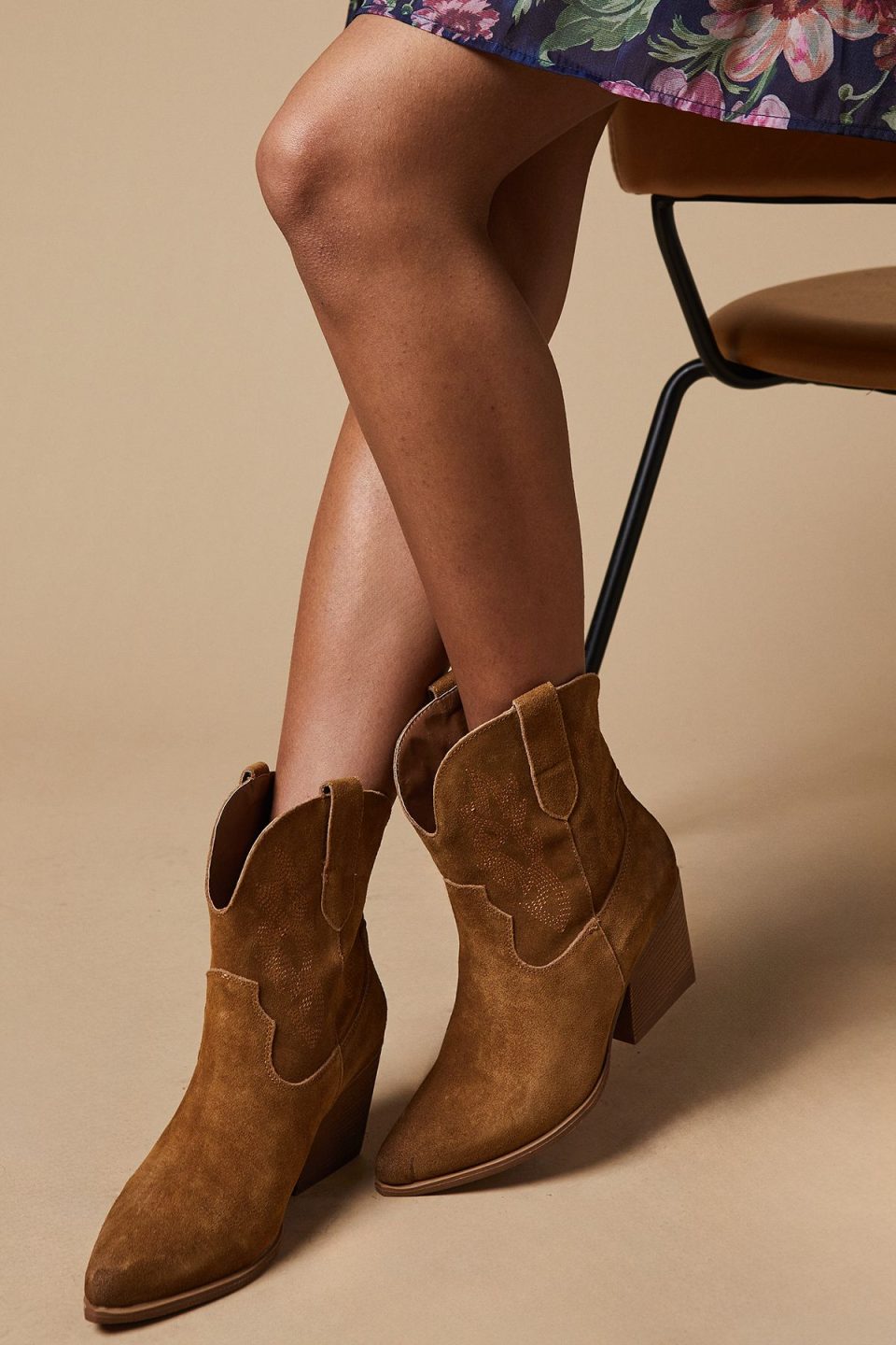 Jedda Leather Stitch Detail Western Ankle Boots