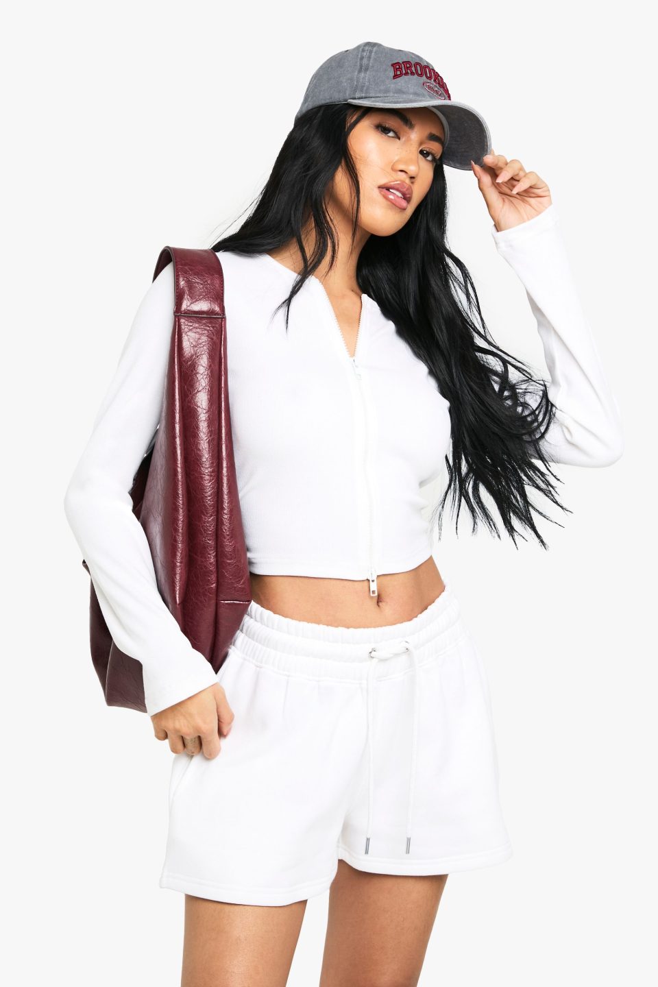 Double Zip Long Sleeve Rib Top And Short Tracksuit