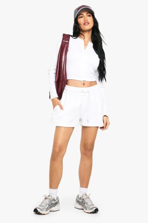 Double Zip Long Sleeve Rib Top And Short Tracksuit