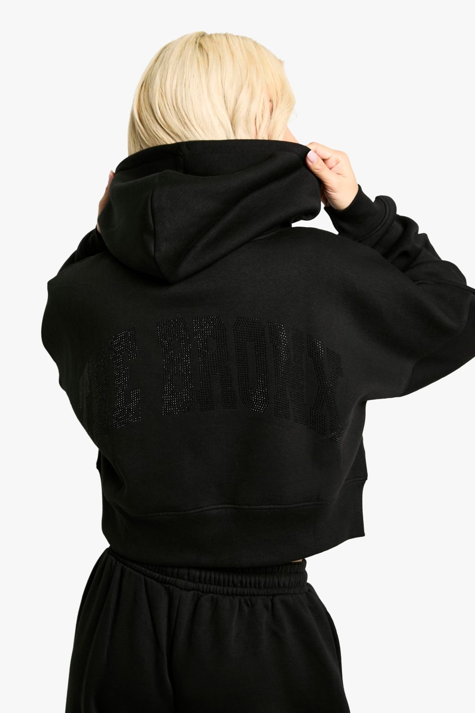 The Bronx Diamante Hotfix Zip Through Boxy Cropped Hoodie