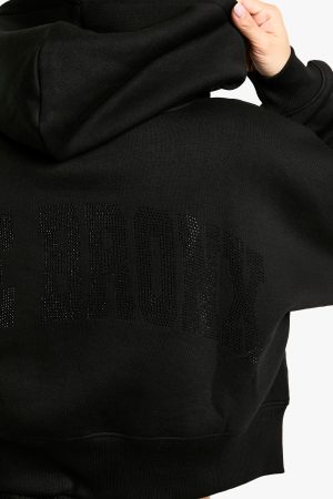 The Bronx Diamante Hotfix Zip Through Boxy Cropped Hoodie