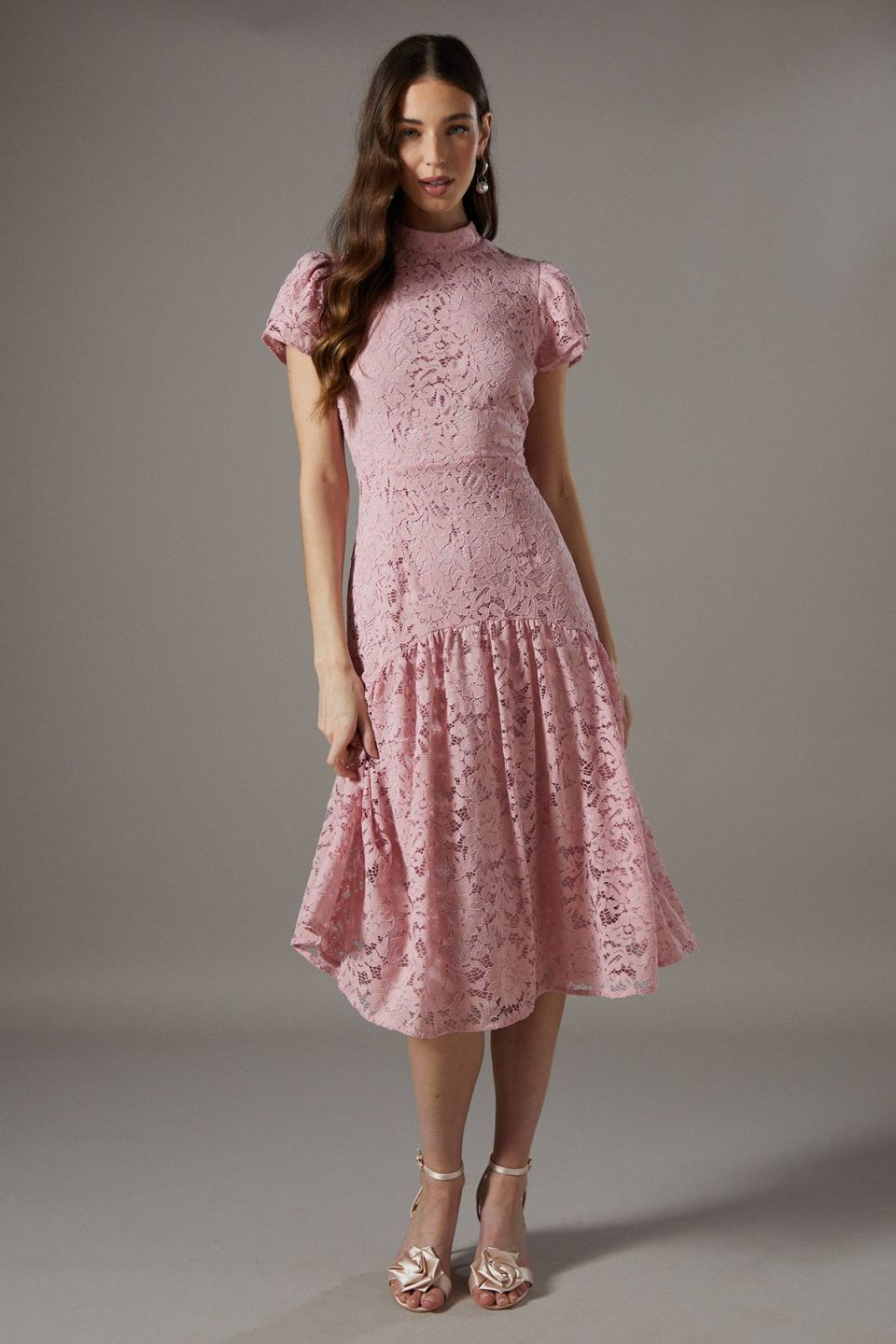 Lace Frill Sleeve High Neck Midi