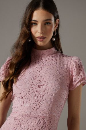 Lace Frill Sleeve High Neck Midi
