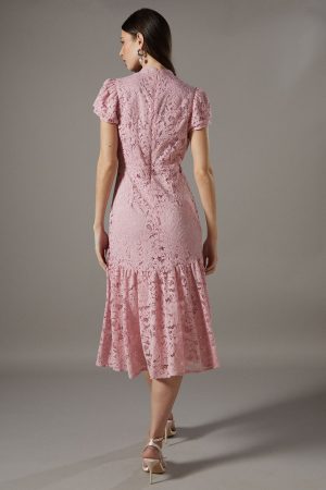 Lace Frill Sleeve High Neck Midi