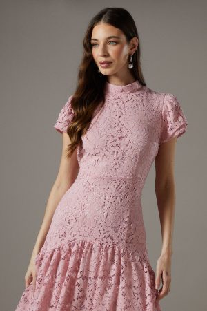 Lace Frill Sleeve High Neck Midi