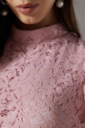 Lace Frill Sleeve High Neck Midi