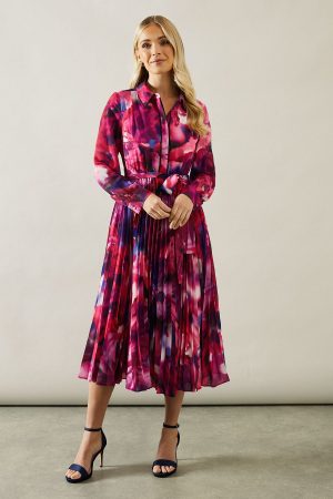 Petite Abstract Print Pleated Shirt Midi Dress