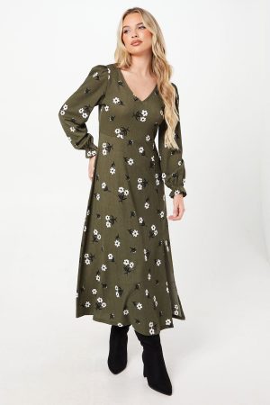 Petite Khaki Floral V Neck Midi Dress