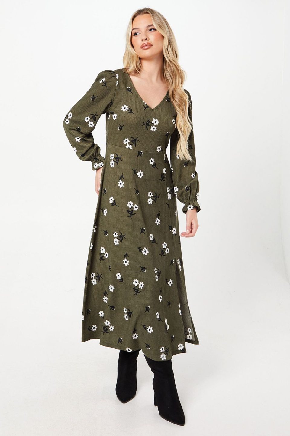 Petite Khaki Floral V Neck Midi Dress