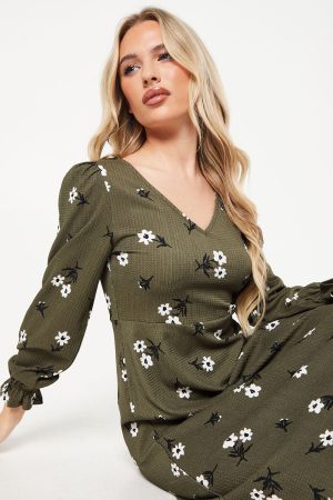 Petite Khaki Floral V Neck Midi Dress