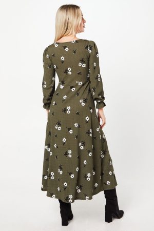 Petite Khaki Floral V Neck Midi Dress