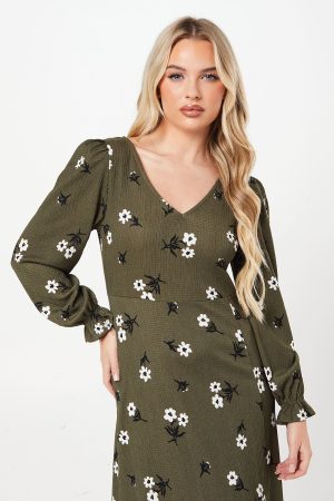 Petite Khaki Floral V Neck Midi Dress