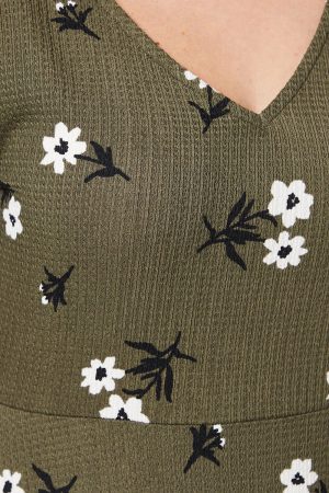 Petite Khaki Floral V Neck Midi Dress