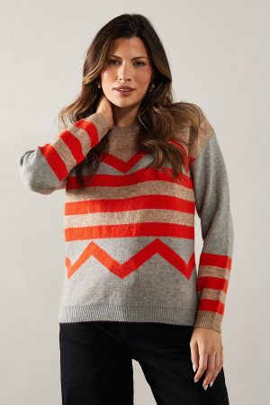 Zig Zag Stripe Pattern Crew Neck Jumper