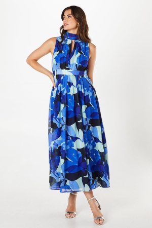 Petite High Neck Pleat Detail Sleeveless Maxi Dress