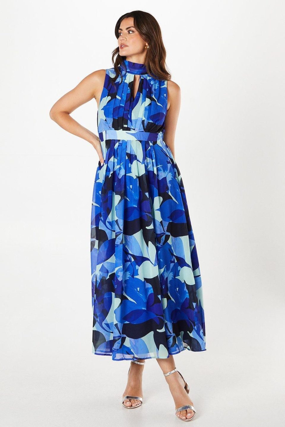 Petite High Neck Pleat Detail Sleeveless Maxi Dress