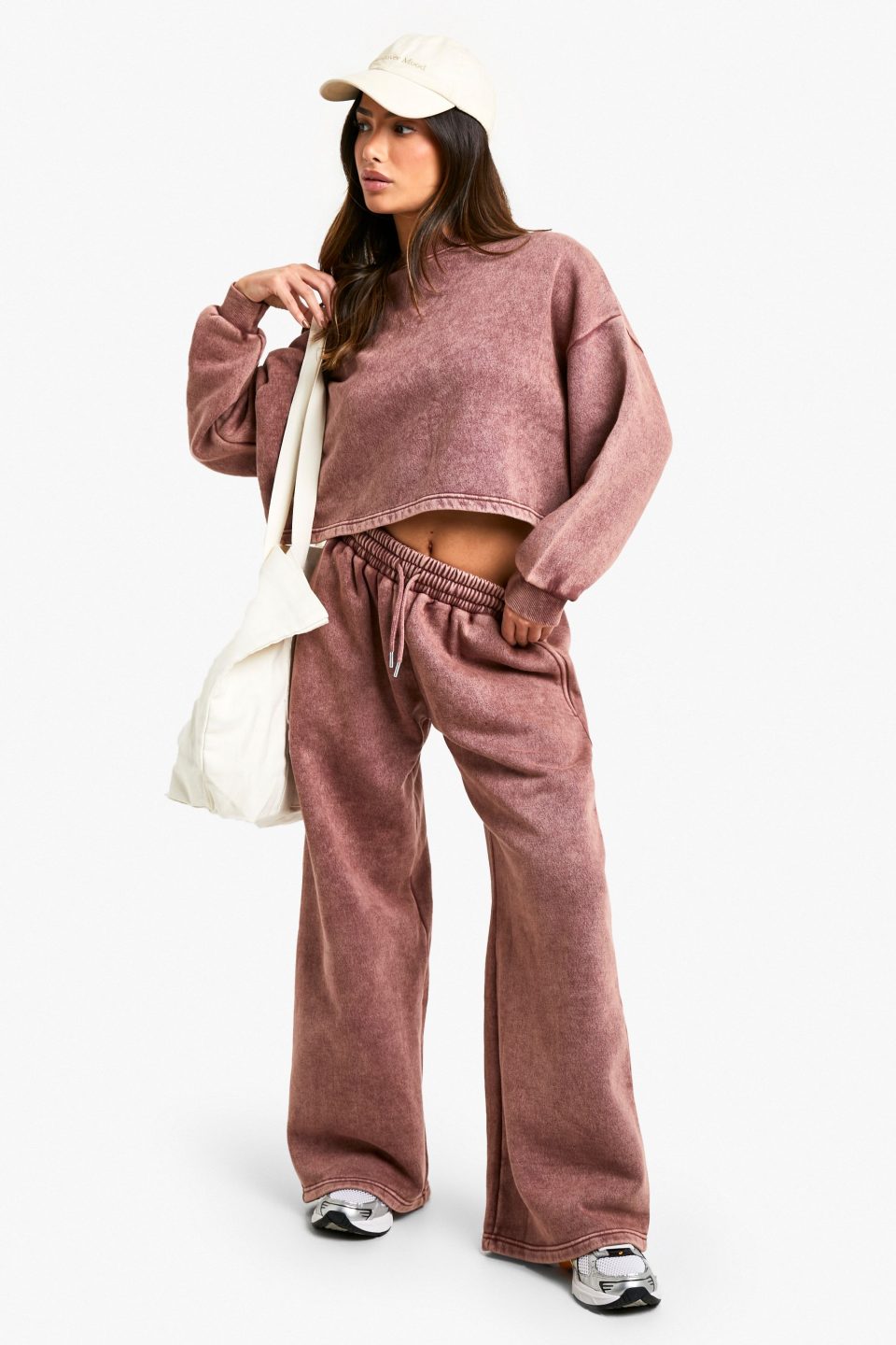 Petite Acid Wash Wide Leg and Cropped Sweatshirt Tracksuit