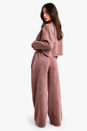 Petite Acid Wash Wide Leg and Cropped Sweatshirt Tracksuit