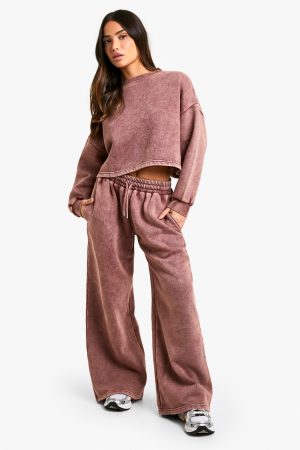 Petite Acid Wash Wide Leg and Cropped Sweatshirt Tracksuit