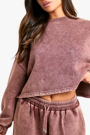 Petite Acid Wash Wide Leg and Cropped Sweatshirt Tracksuit