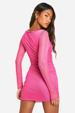 Square Neck Ruched Mesh Bodycon Dress