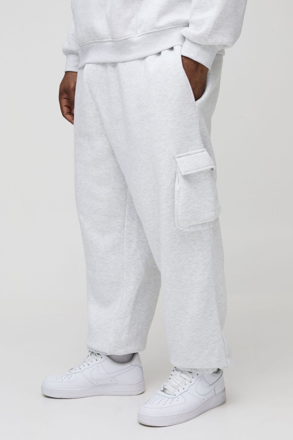 330GSM Plus Oversized Fit Cargo Joggers In Grey Marl