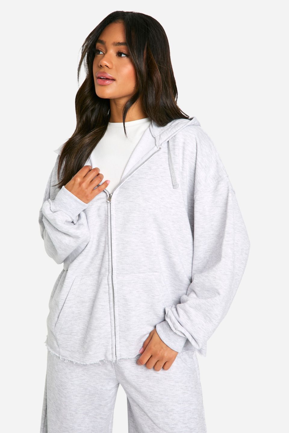 Raw Hem Distressed Detail Oversized Zip Through Hoodie