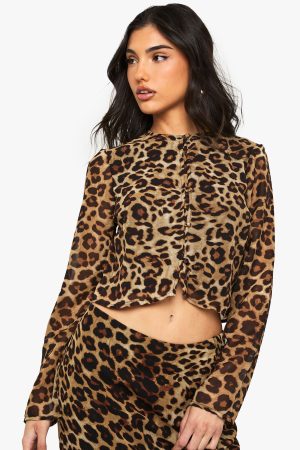 Leopard Print High Neck Woven Crop Top