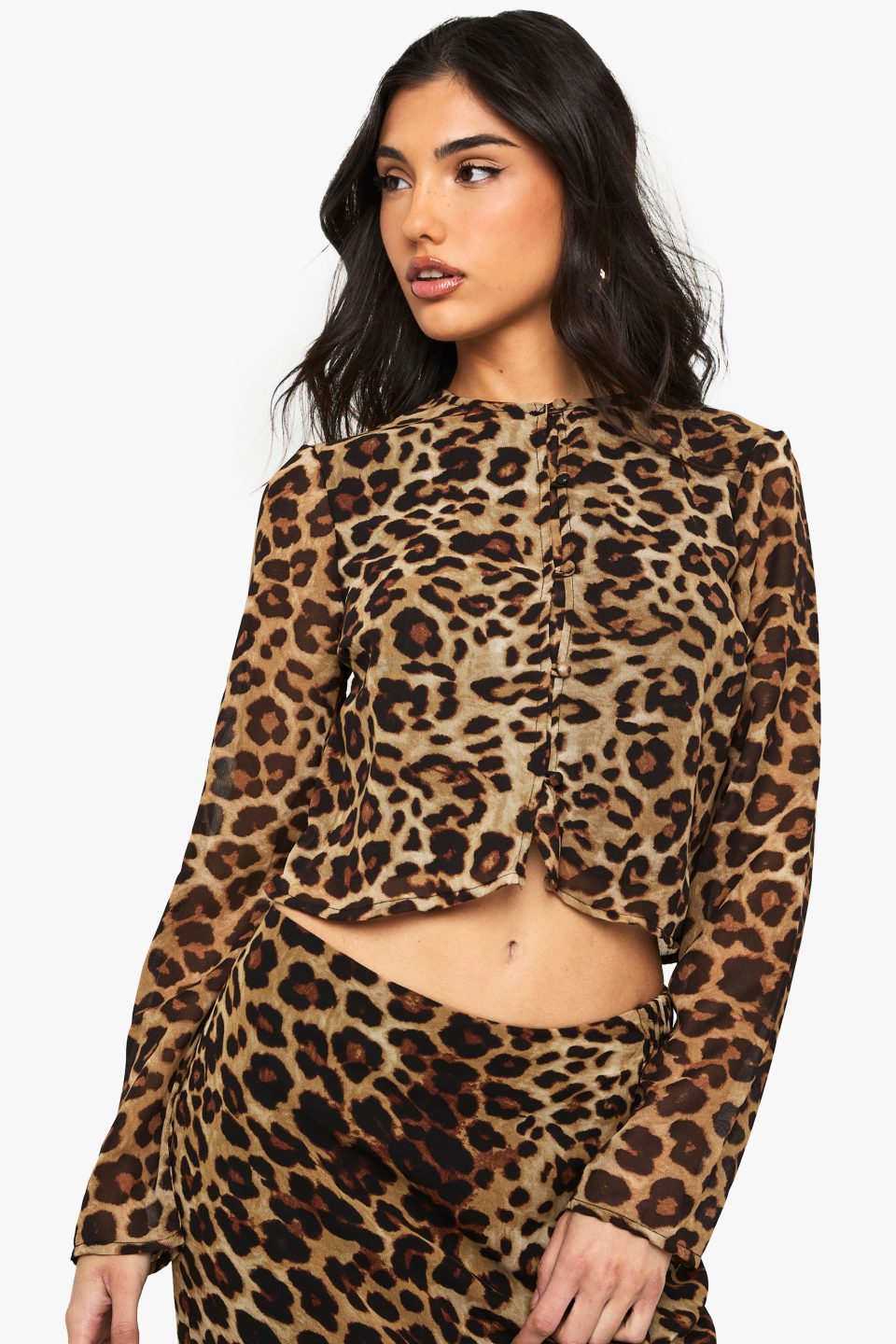 Leopard Print High Neck Woven Crop Top