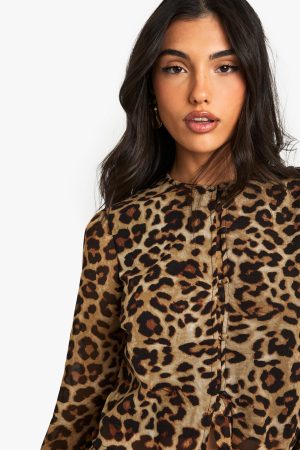 Leopard Print High Neck Woven Crop Top