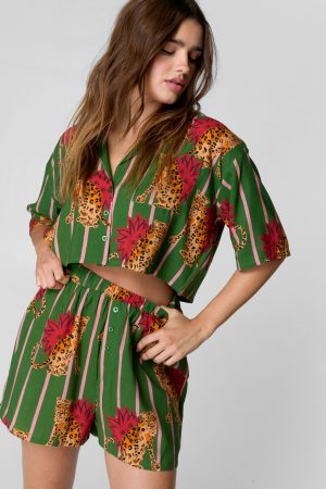 Striped Tiger Print Short Sleeve Cropped Shirt and Boxer Short Pajama Set