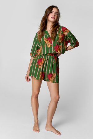 Striped Tiger Print Short Sleeve Cropped Shirt and Boxer Short Pajama Set