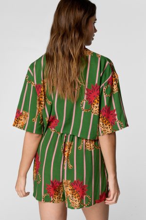 Striped Tiger Print Short Sleeve Cropped Shirt and Boxer Short Pajama Set