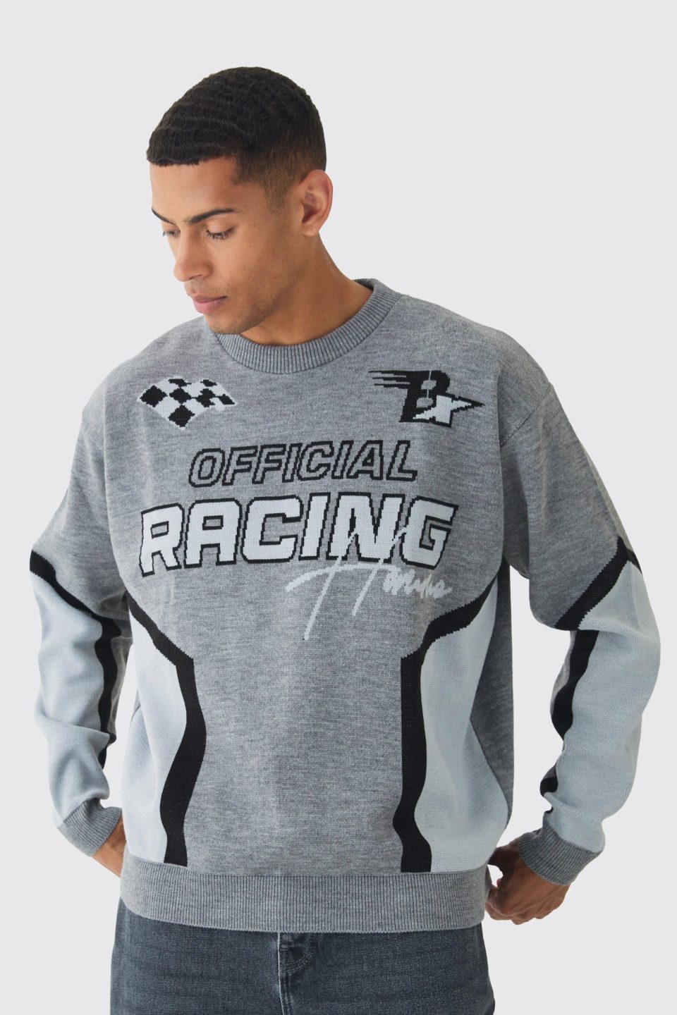 Oversized Boxy Moto Racing Knitted Jumper