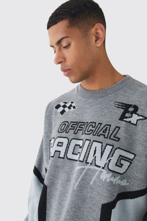 Oversized Boxy Moto Racing Knitted Jumper