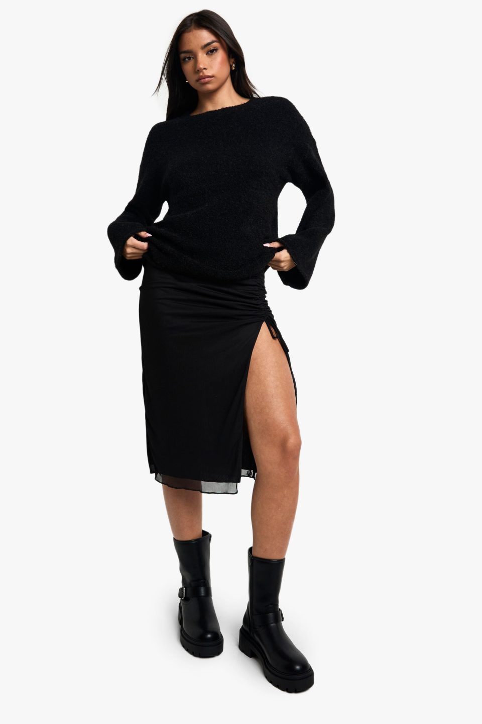 Mesh Ruched Tie Split Front Midi Skirt