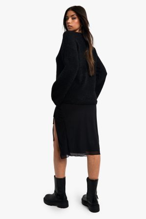 Mesh Ruched Tie Split Front Midi Skirt